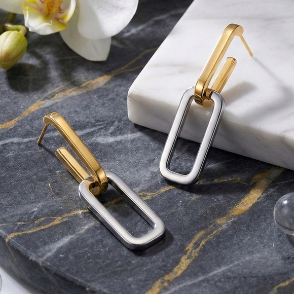 Minimalist Chic Two Tone C Hoop Earrings 18K Gold Plated Stainless Steel - Picture 9 of 14